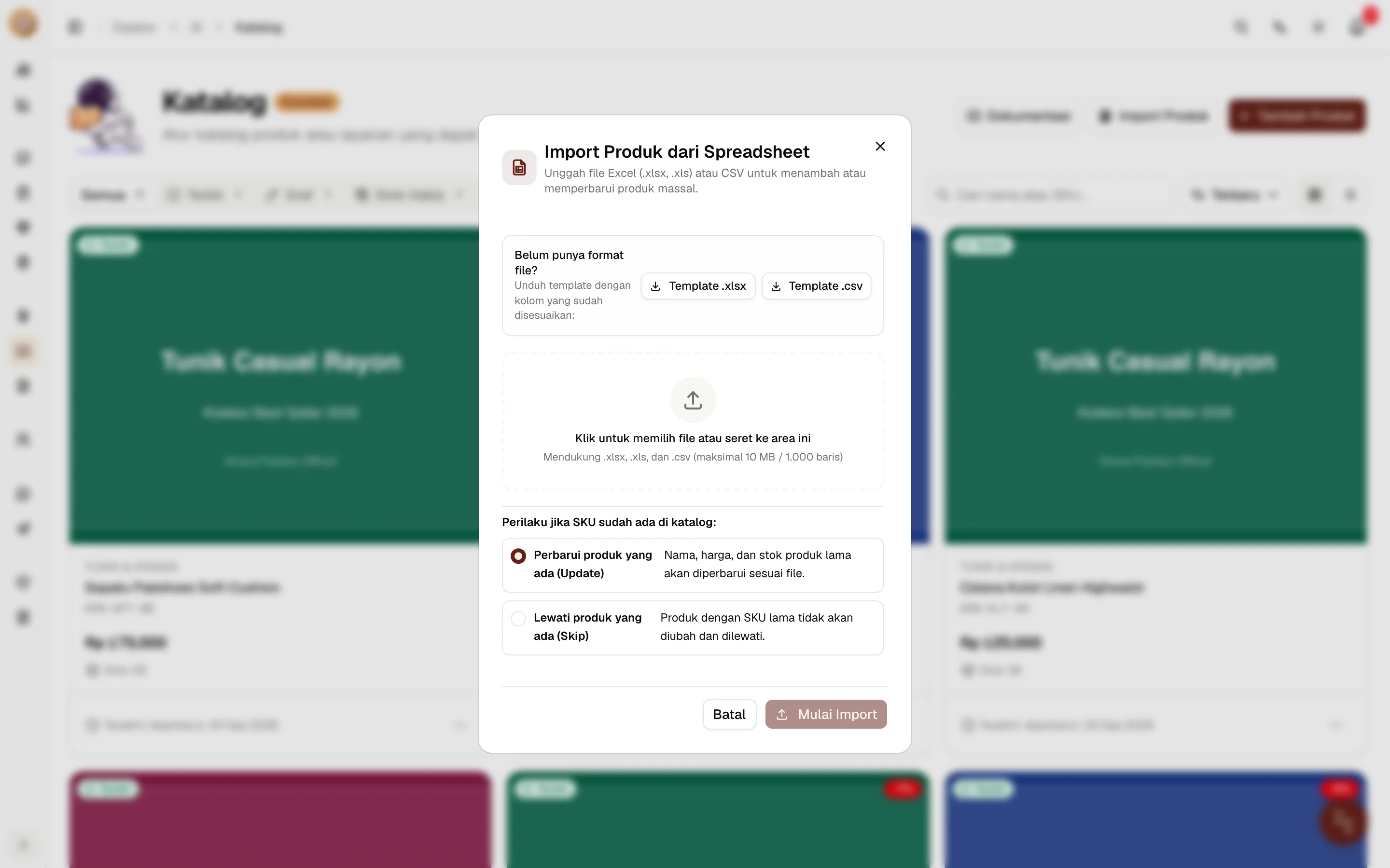 Modal Import Produk dari Spreadsheet