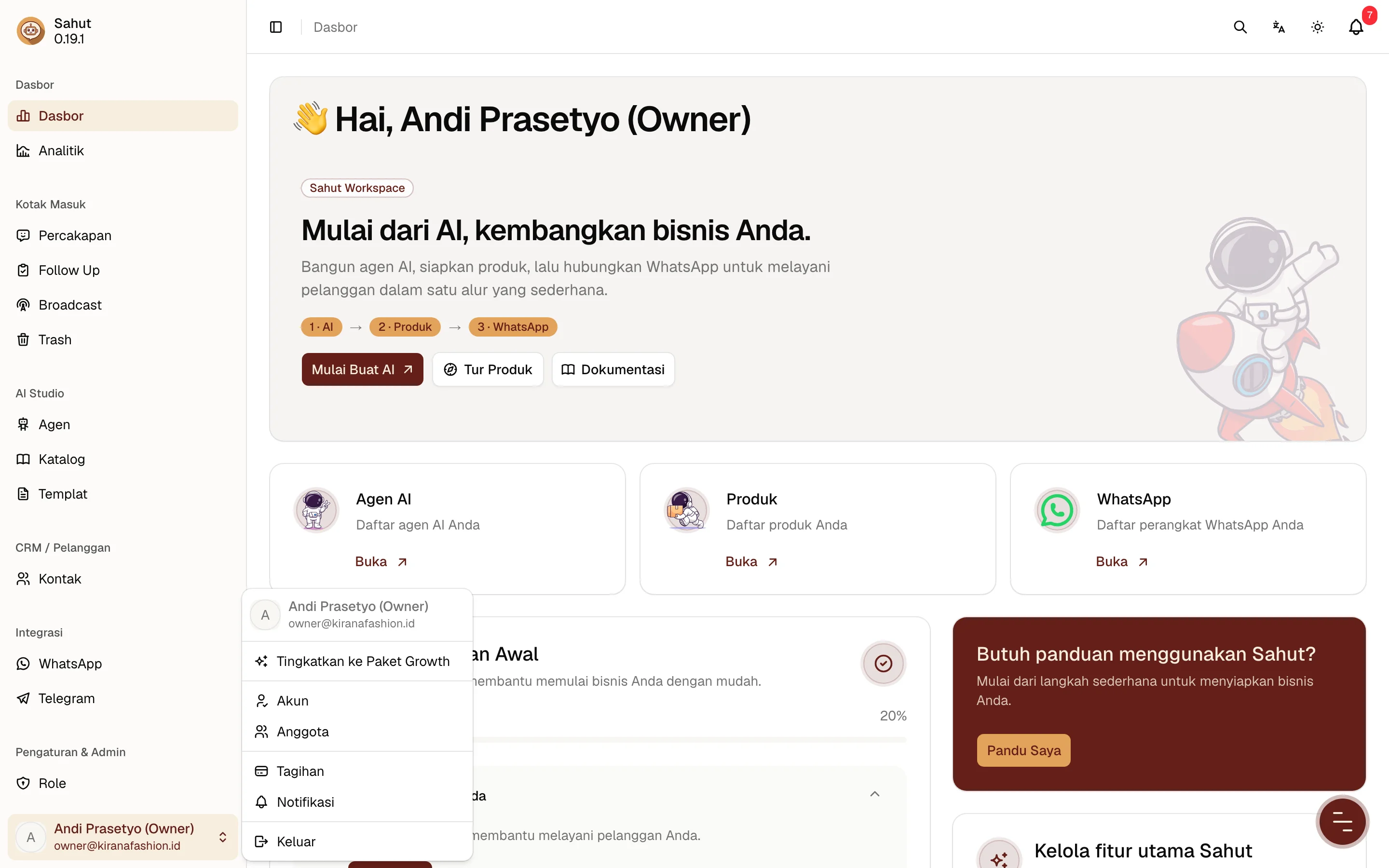 Menu akun di bagian bawah sidebar