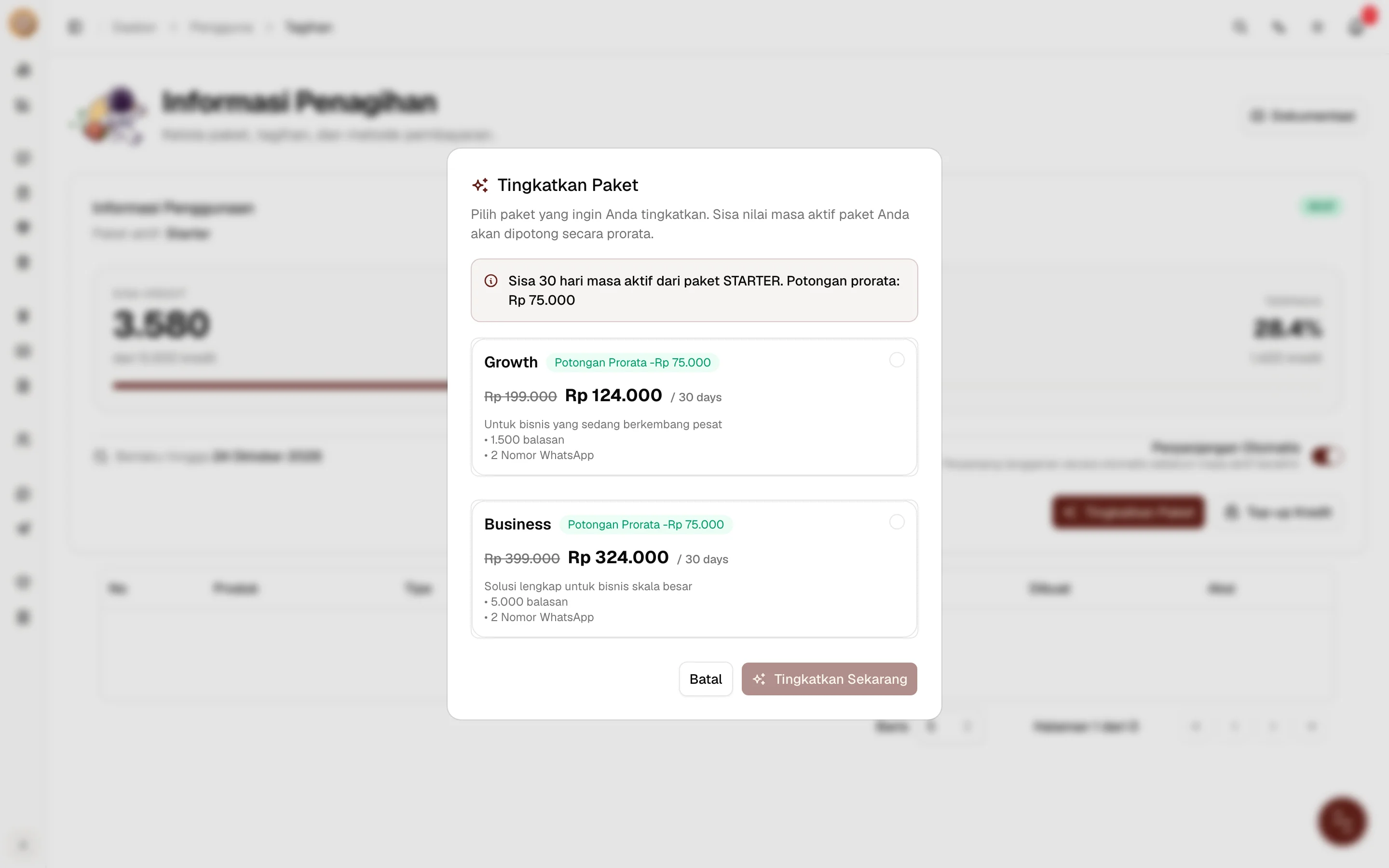 Modal Pilihan Upgrade Paket