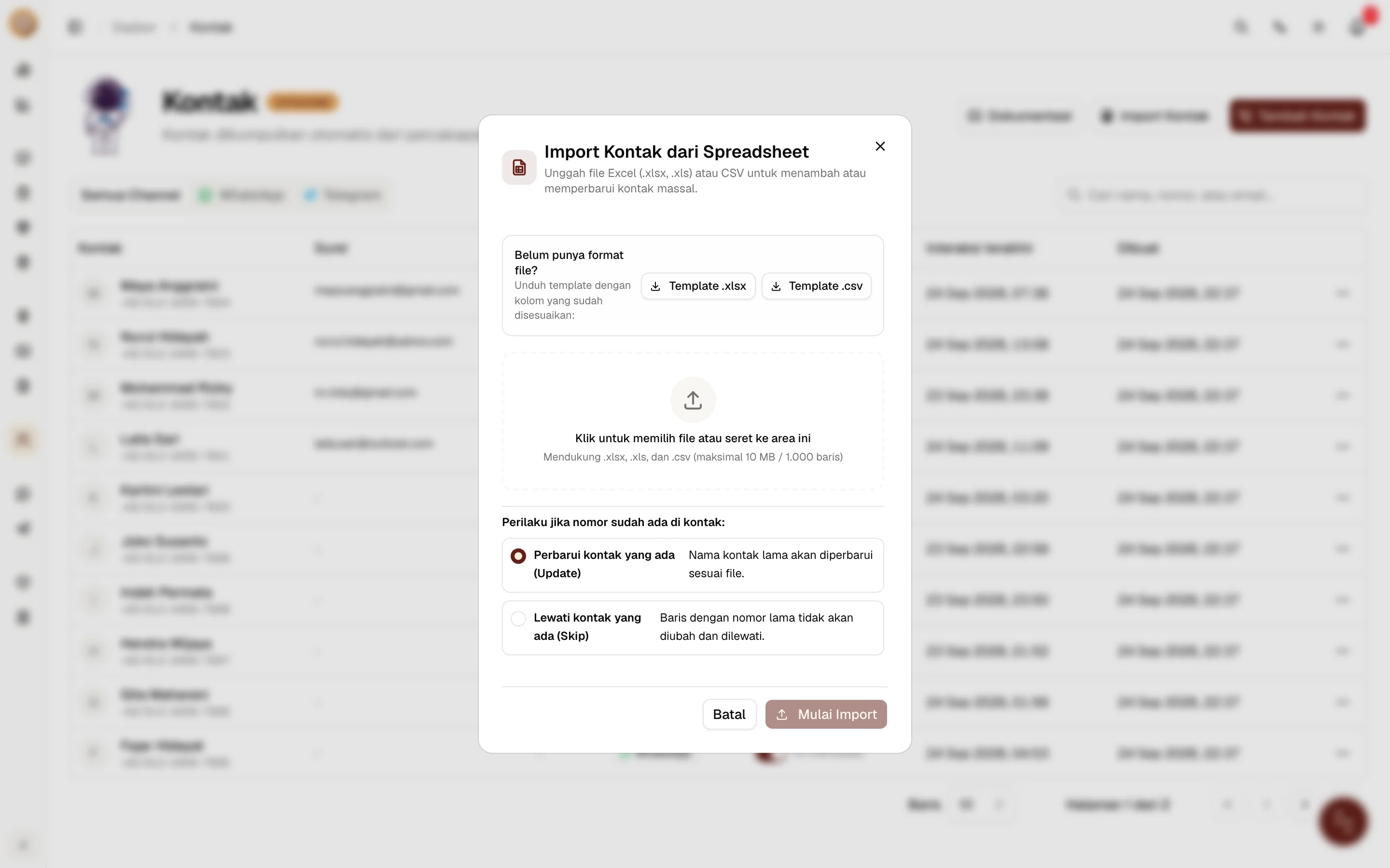 Modal Import Kontak dari Spreadsheet
