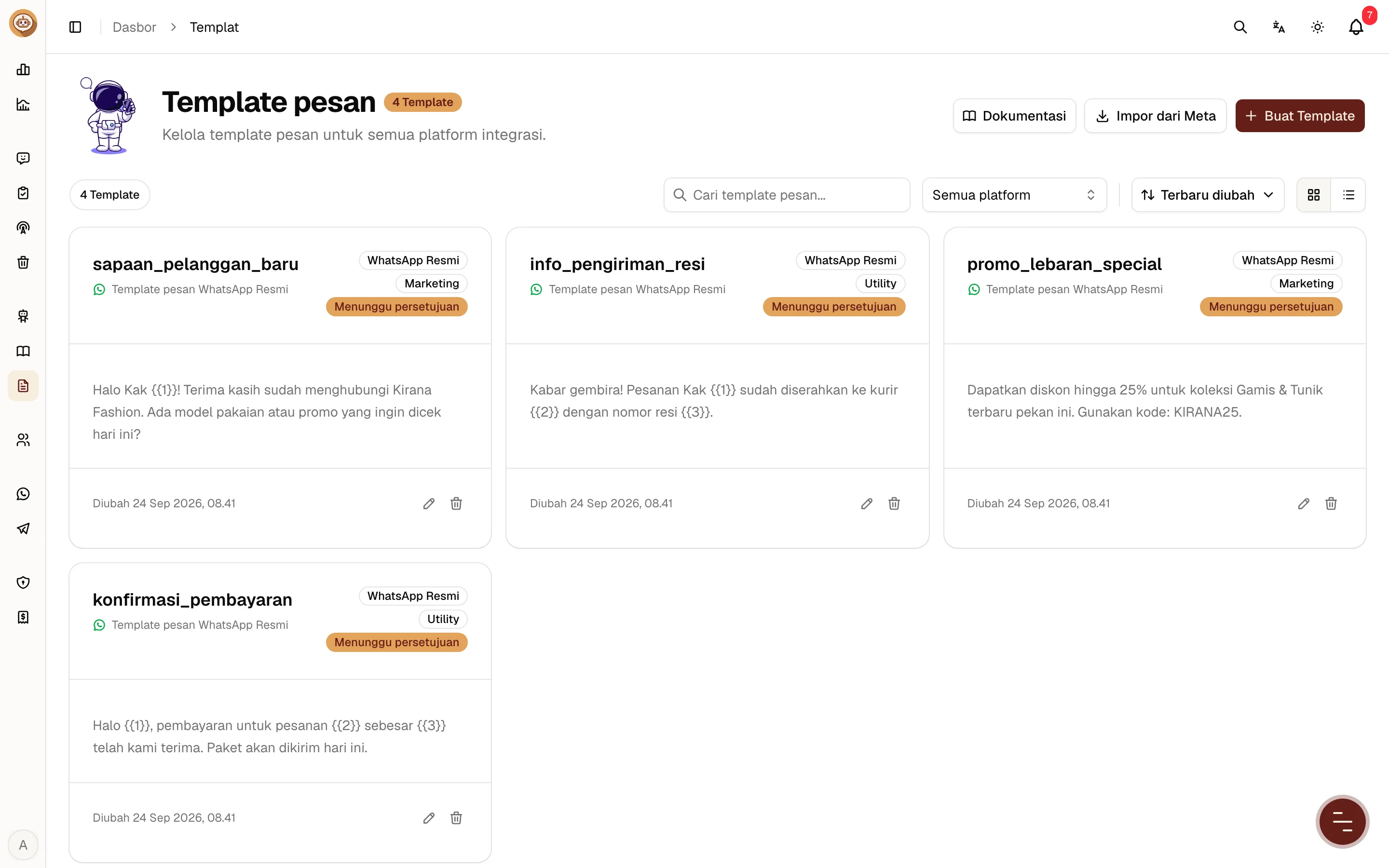 Daftar template pesan