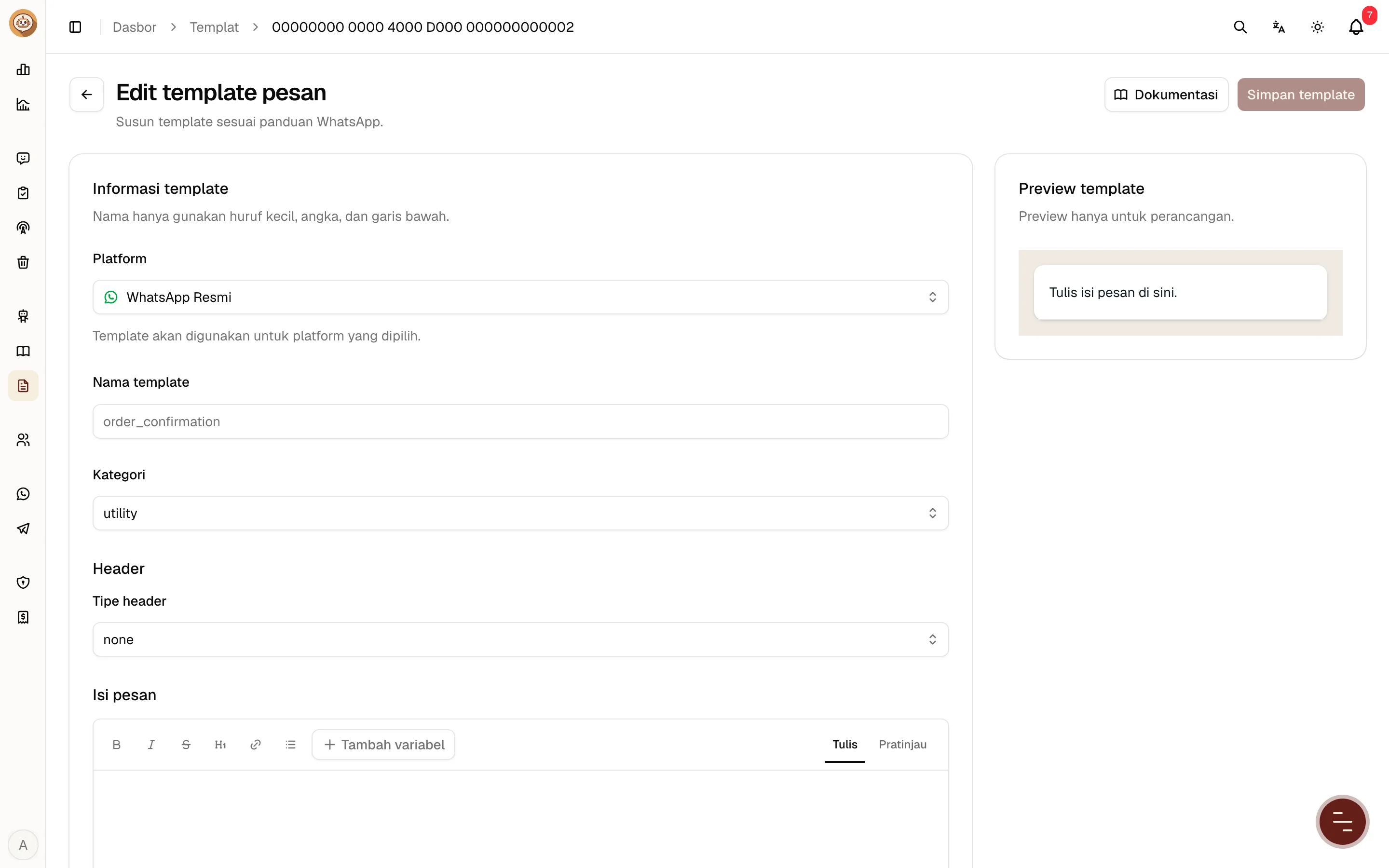 Editor template pesan