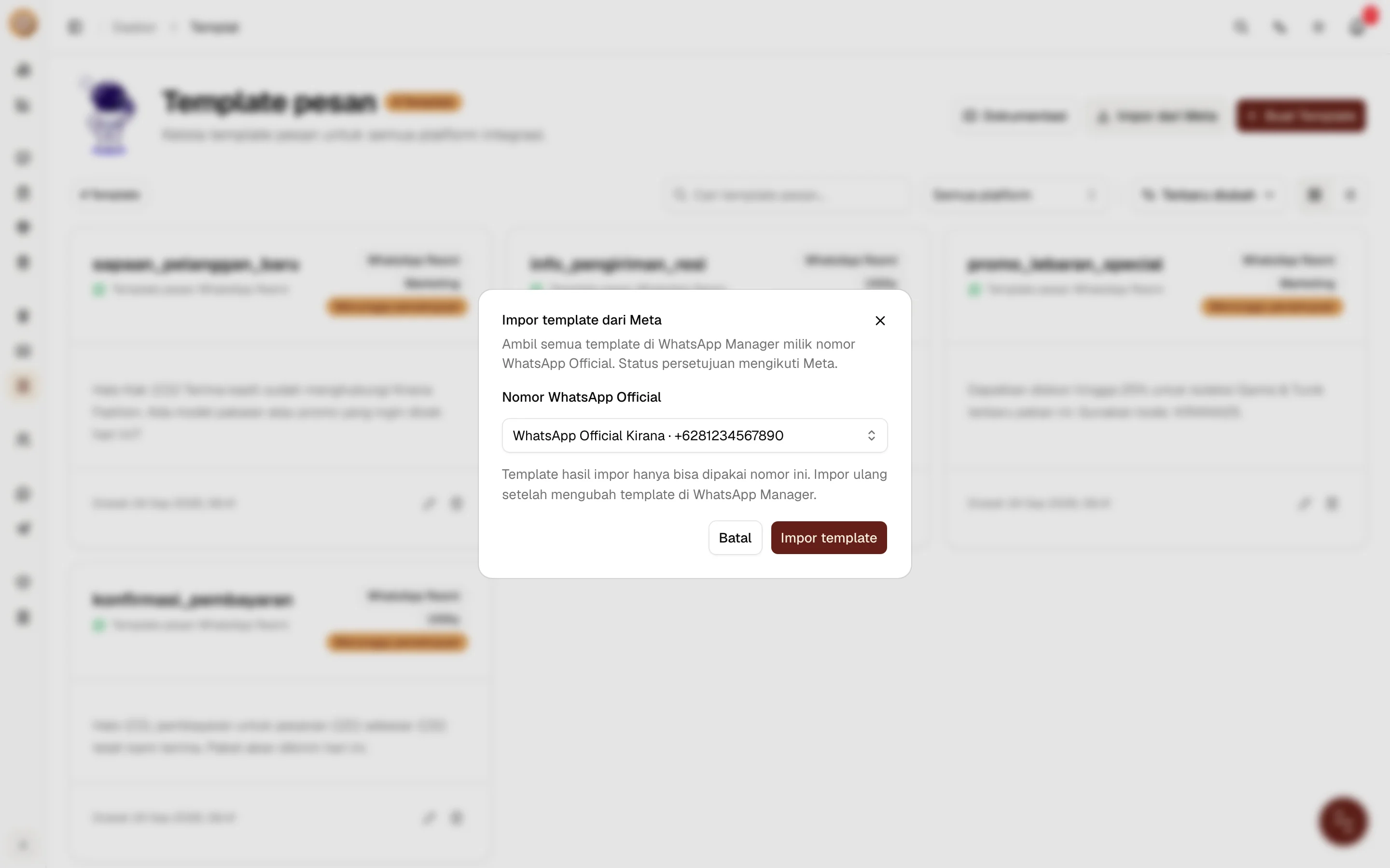 Dialog impor template dari Meta